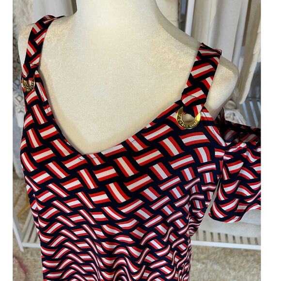 Michael Kors Women's Sz M Navy, Red, White Graphic Print Off Shoulder Top #0338 - Picture 5 of 11